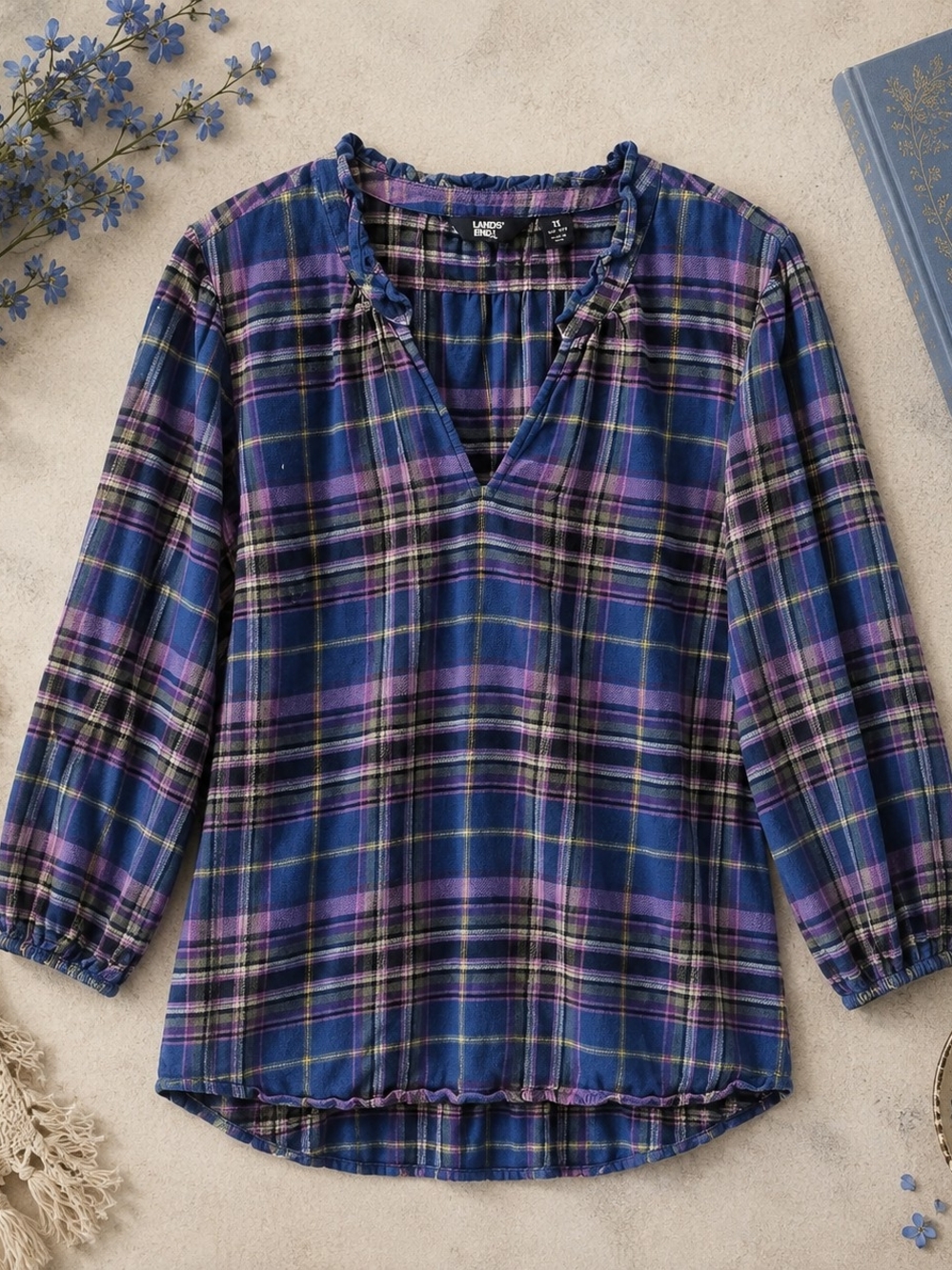Lands' End 1X Blue Purple Plaid Tunic Blouse Cotton Blend Popover V-Neck